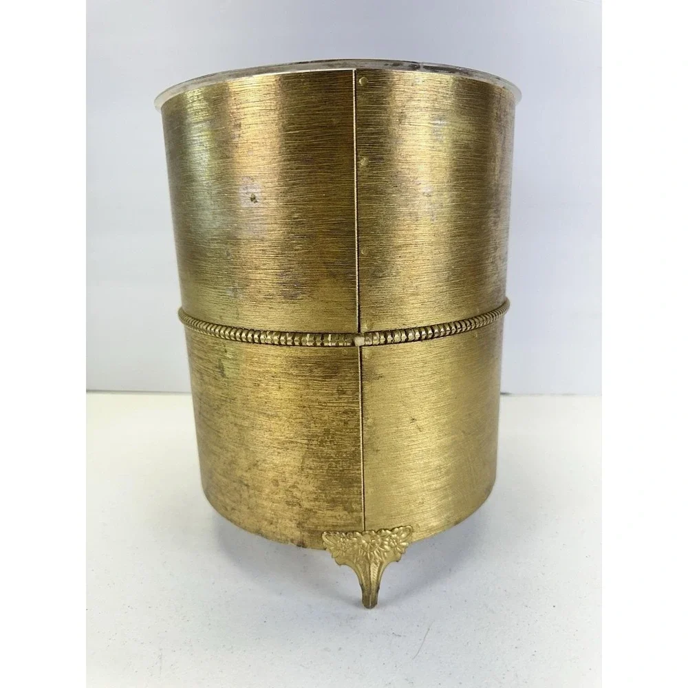 Vintage Hollywood Regency Gold Tone Metal Wastebasket W/ Acrylic Liner Footed